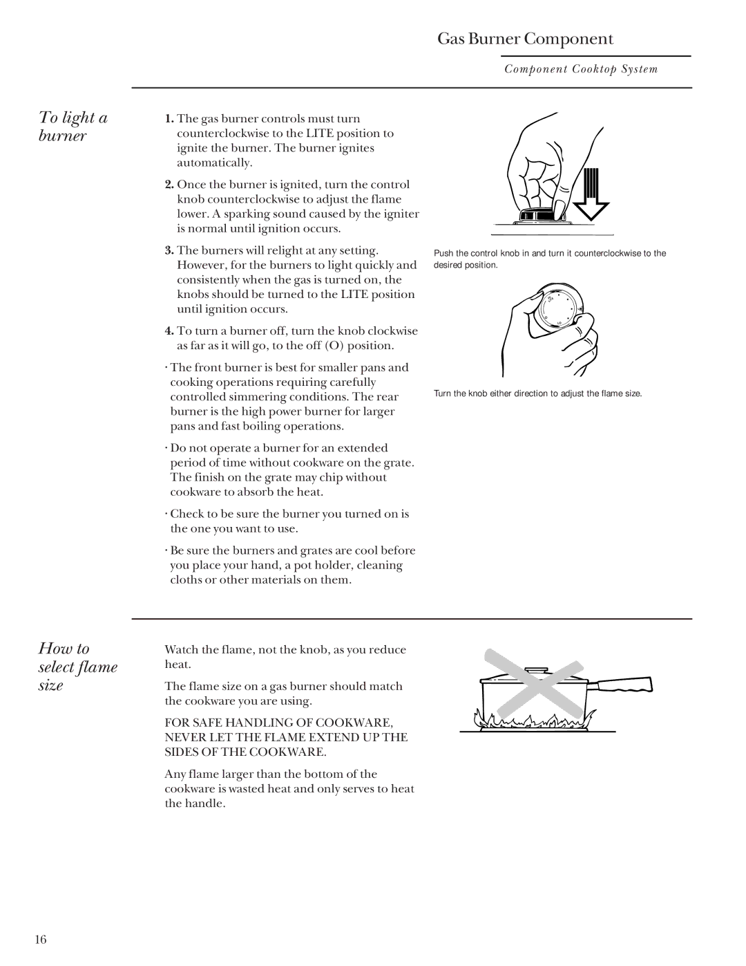 GE Monogram Component Cooktop System manual To light a burner, How to select flame size 