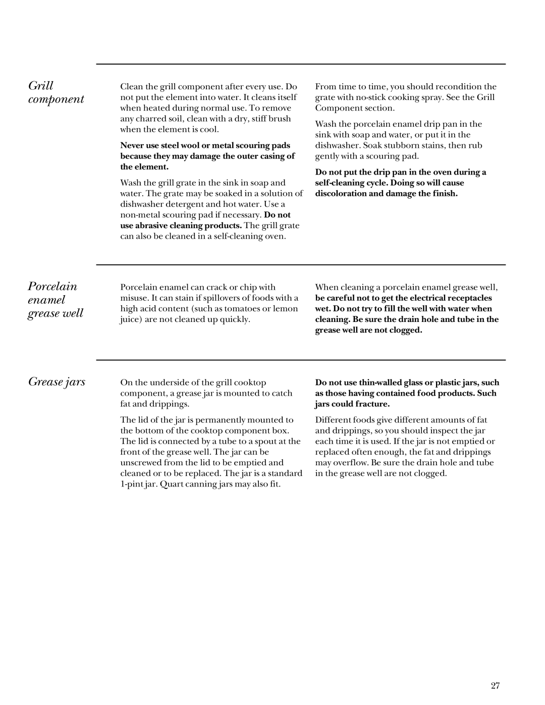 GE Monogram Component Cooktop System manual Grill component, Porcelain enamel grease well, Grease jars 