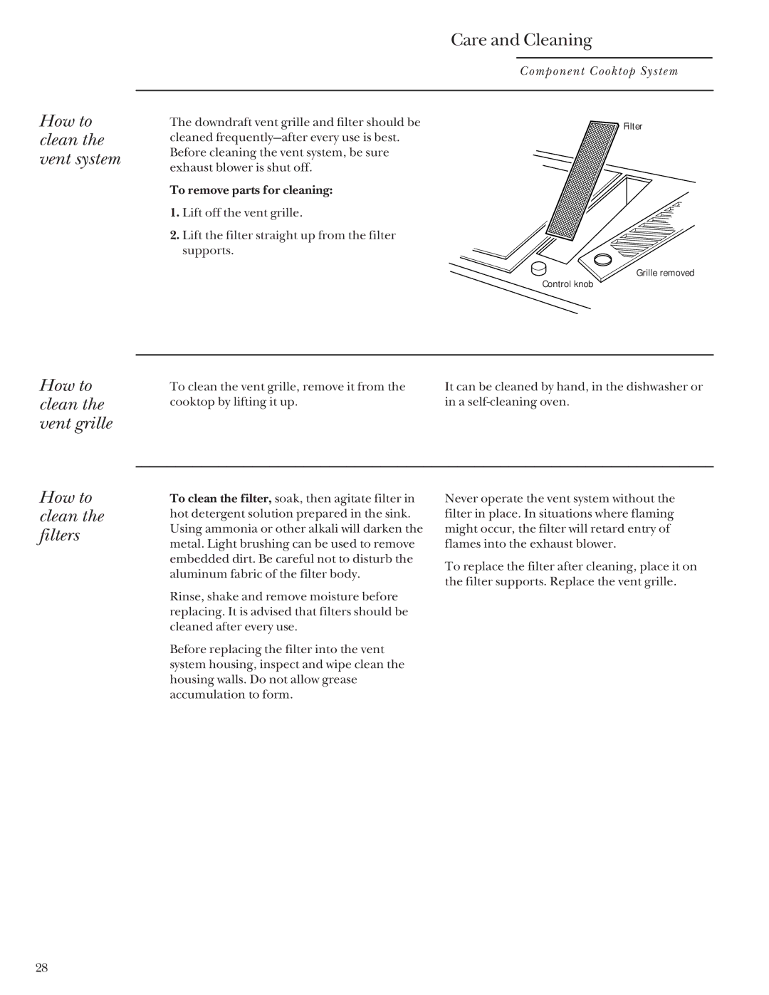 GE Monogram Component Cooktop System How to clean the vent system, How to clean the vent grille, How to clean the filters 