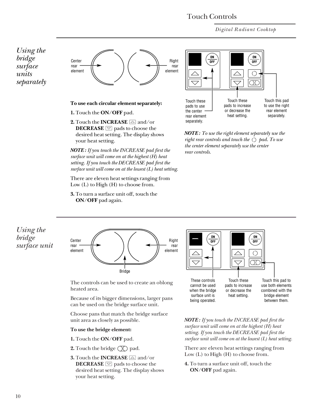 GE Monogram Digital Radiant Cooktop owner manual Using the bridge surface units separately, Rear controls 