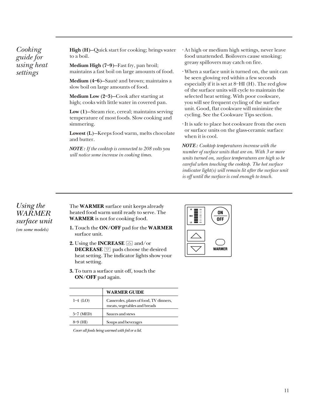 GE Monogram Digital Radiant Cooktop owner manual Cooking guide for using heat settings, Using Warmer surface unit 