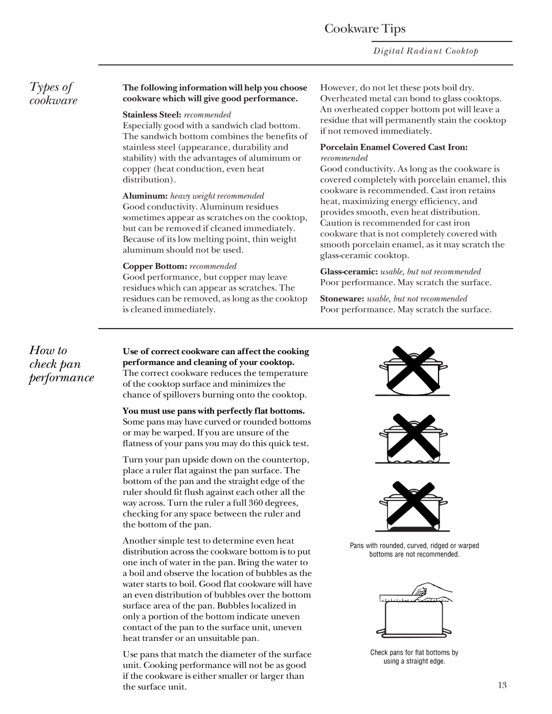 GE Monogram Digital Radiant Cooktop owner manual Types of cookware, How to check pan performance, Recommended 