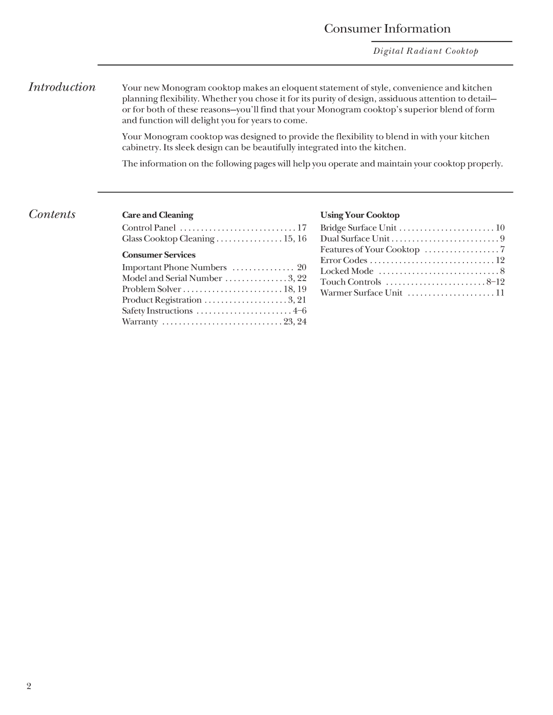 GE Monogram Digital Radiant Cooktop owner manual Introduction, Contents 