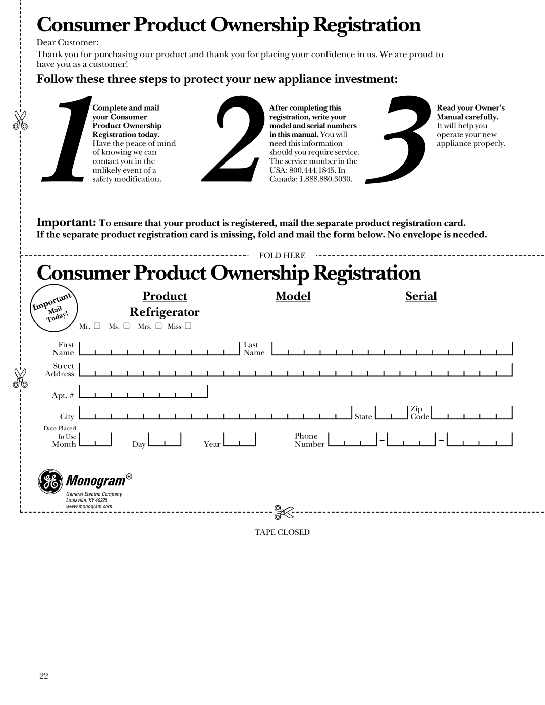 GE Monogram Digital Radiant Cooktop owner manual Consumer Product Ownership Registration 