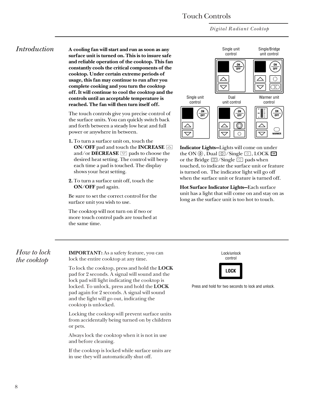 GE Monogram Digital Radiant Cooktop owner manual How to lock the cooktop 