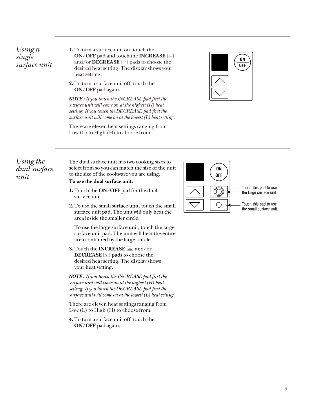 GE Monogram Digital Radiant Cooktop owner manual Using a single surface unit, Using the dual surface unit 