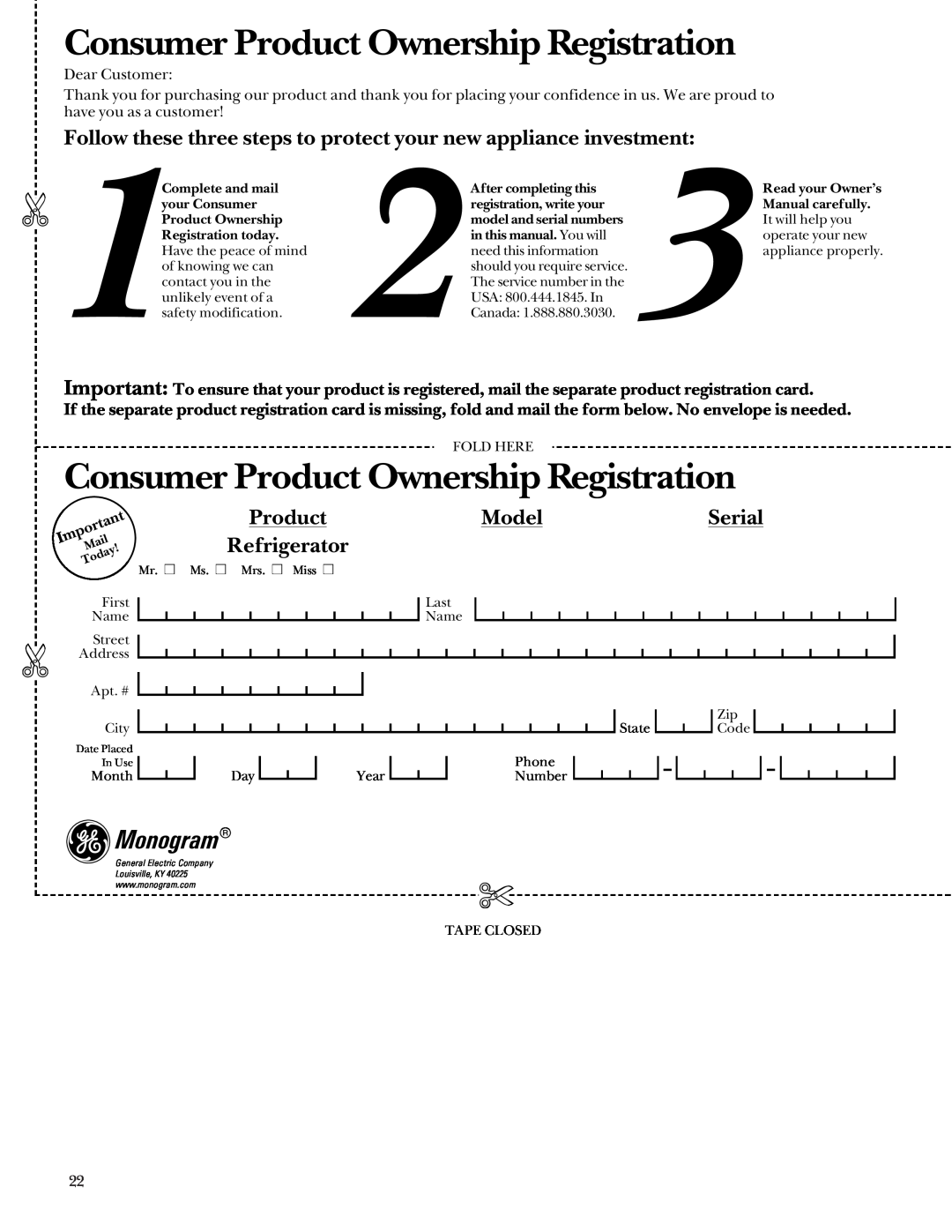 GE Monogram Digital Radiant Cooktop Consumer Product Ownership Registration, Model, Serial, Refrigerator, Monogram 