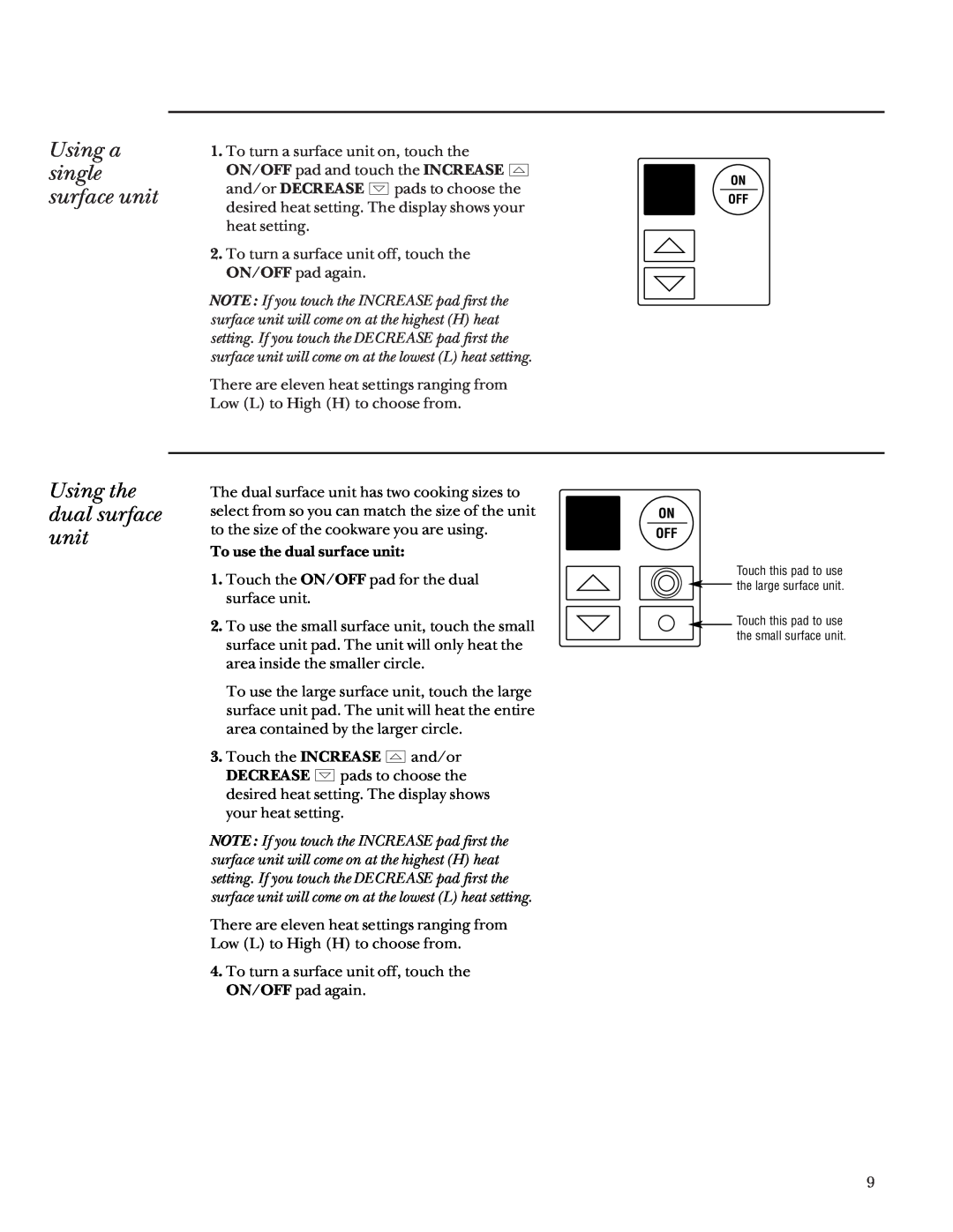 GE Monogram Digital Radiant Cooktop owner manual Using a single surface unit, Using the dual surface unit 