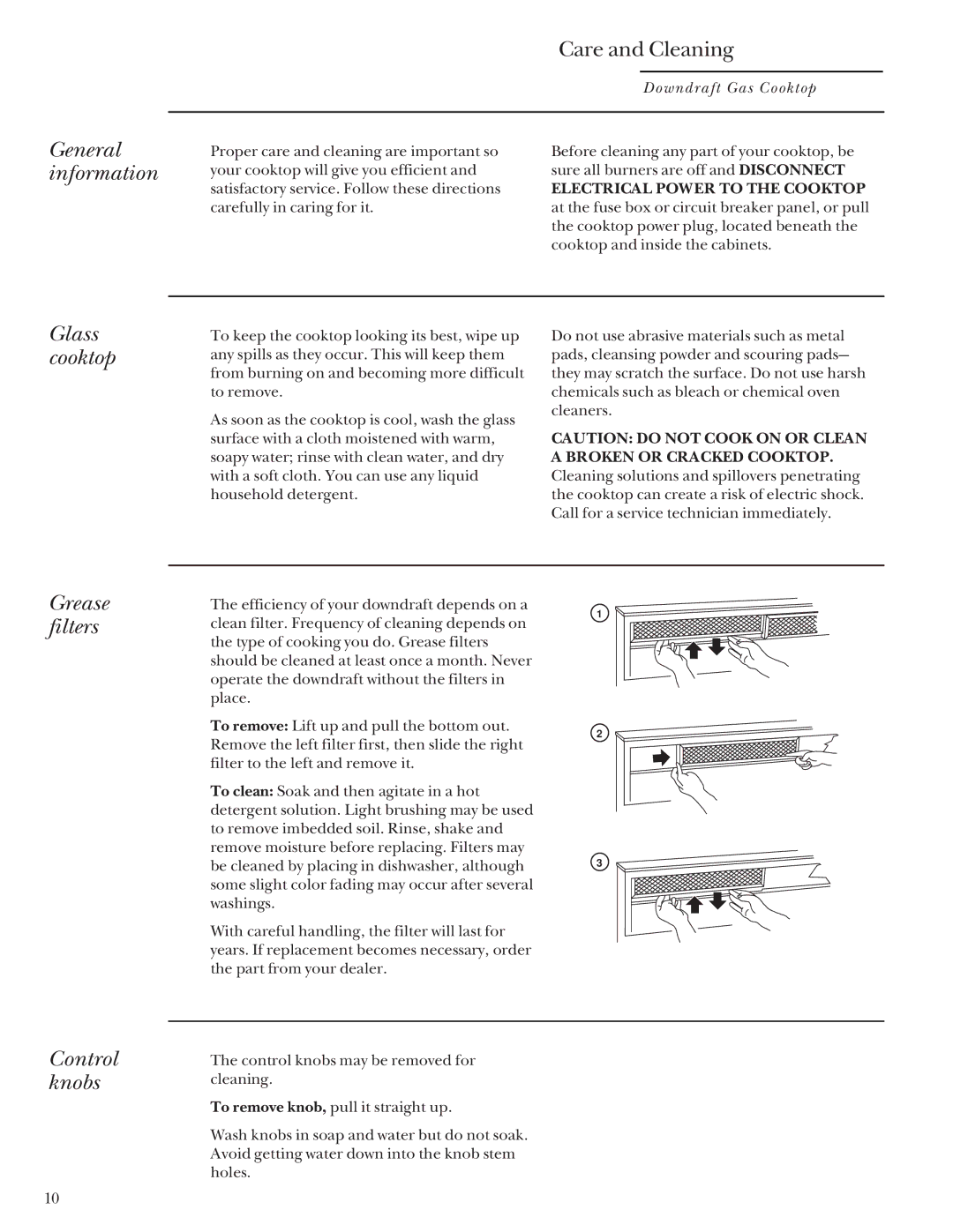 GE Monogram Downdraft Gas Cooktop manual General information Care and Cleaning, Glass cooktop, Grease filters Control knobs 