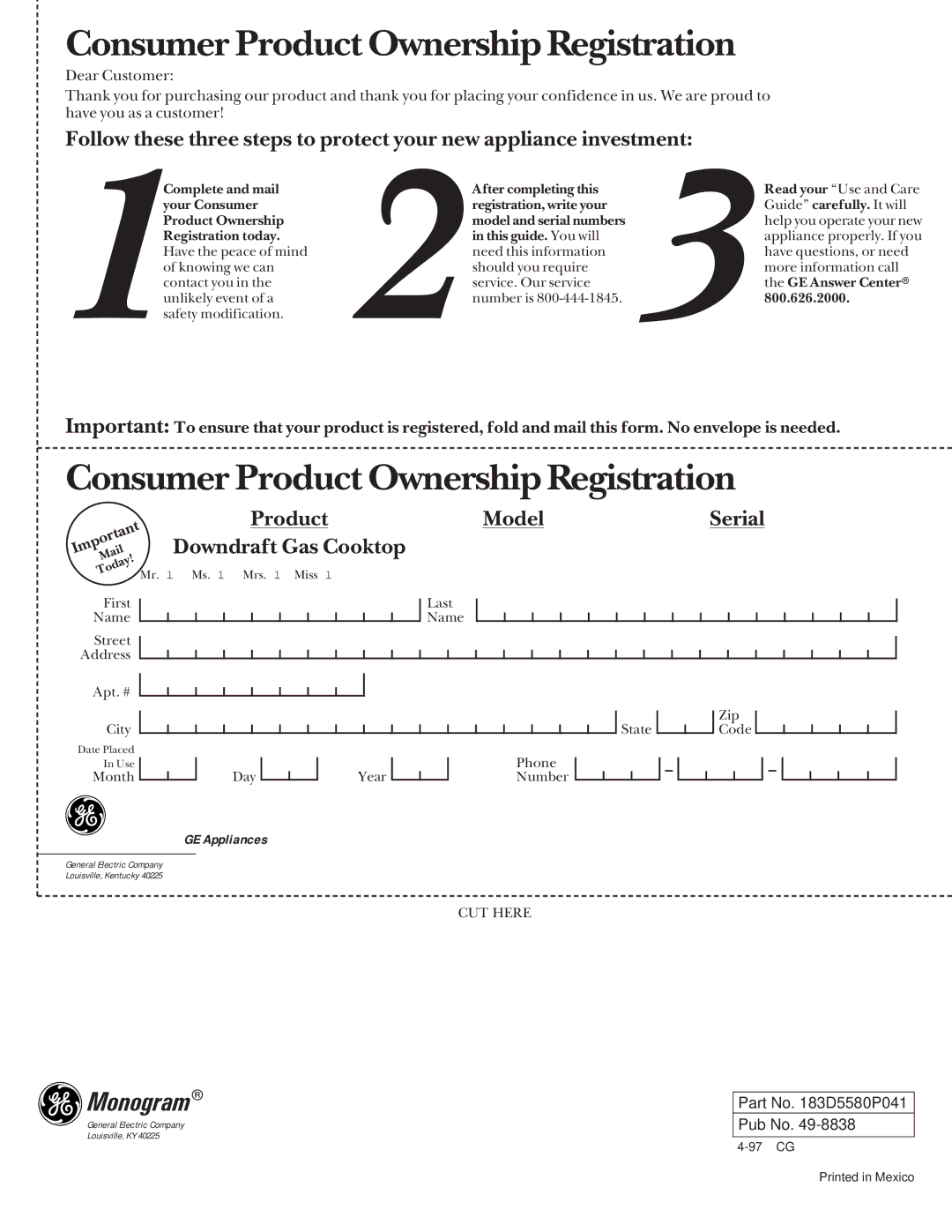 GE Monogram Downdraft Gas Cooktop manual Consumer Product Ownership Registration 