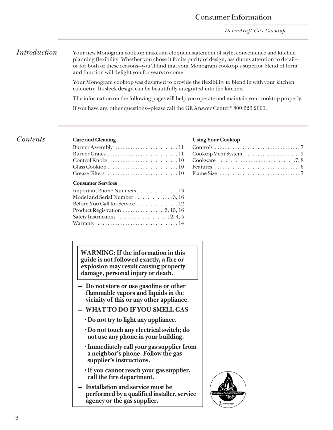 GE Monogram Downdraft Gas Cooktop manual Introduction, Contents 