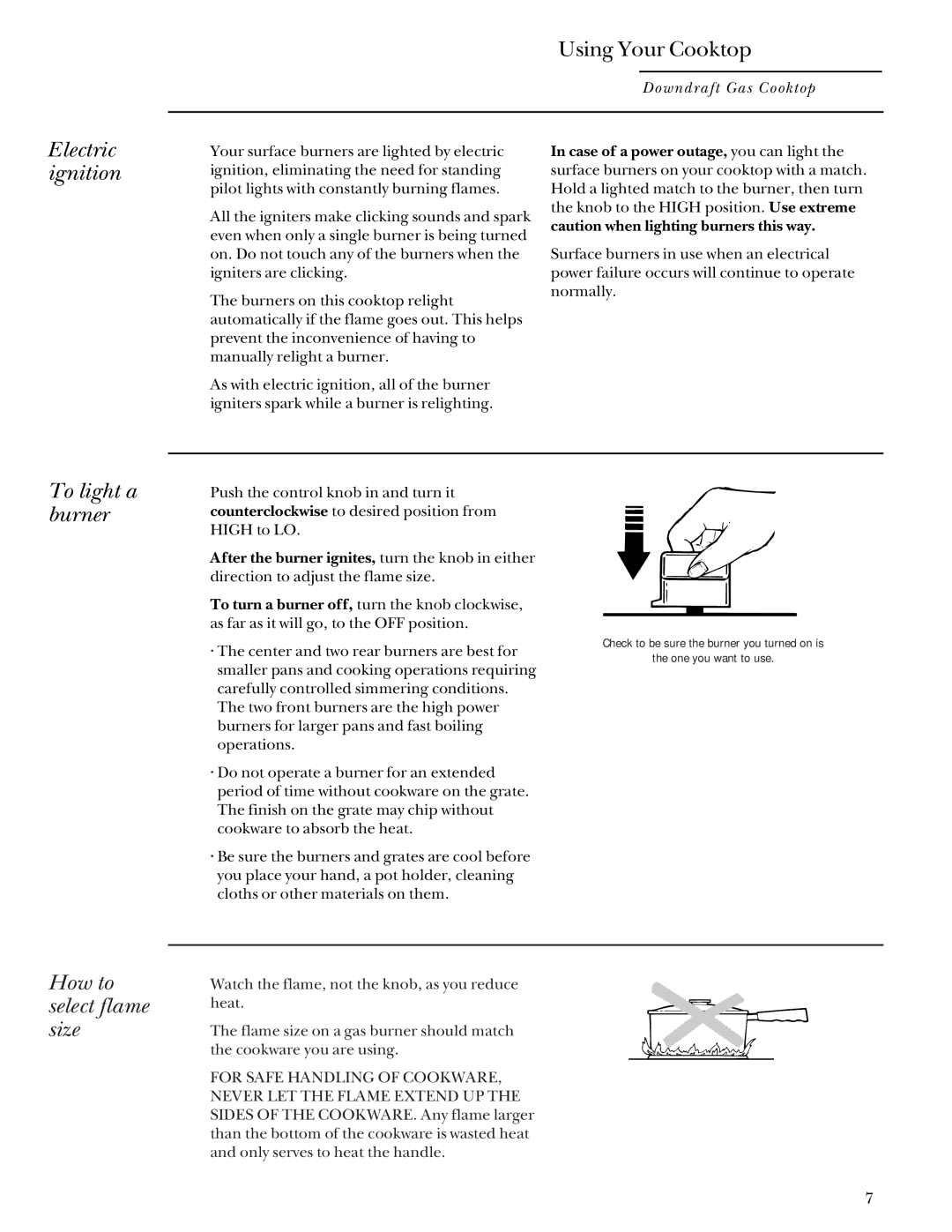 GE Monogram Downdraft Gas Cooktop manual Electric ignition, To light a burner, How to select flame size 