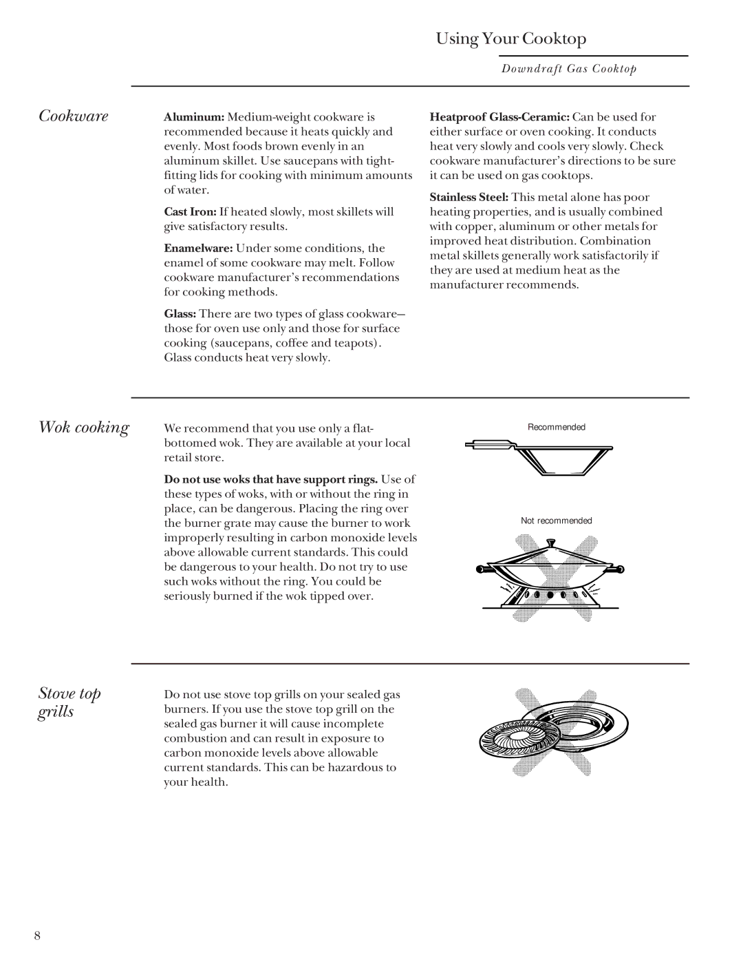 GE Monogram Downdraft Gas Cooktop manual Cookware, Wok cooking, Stove top grills 