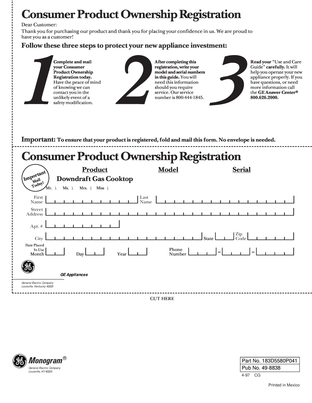 GE Monogram Downdraft Gas Cooktop manual Consumer Product Ownership Registration, ModelSerial, Monogram, GE Appliances 