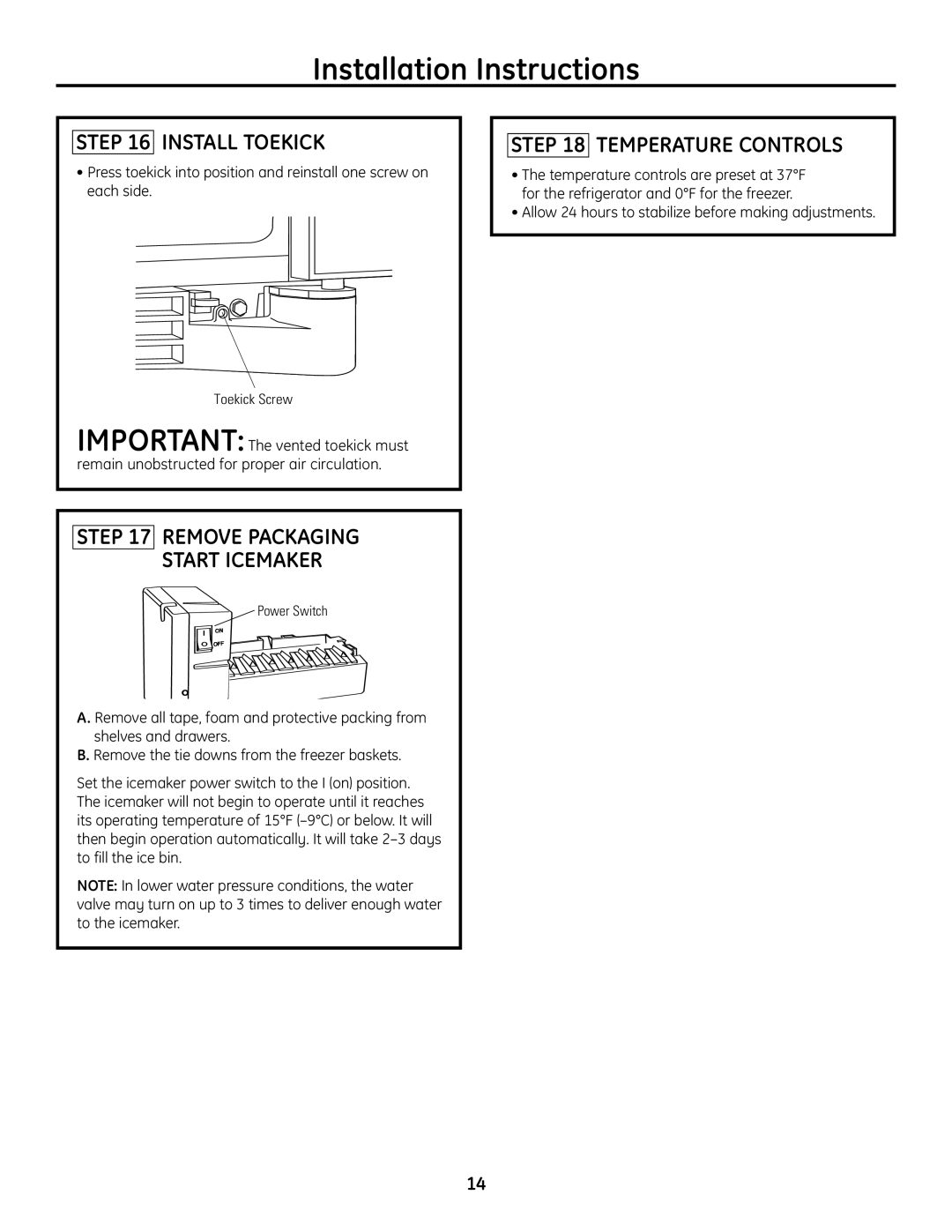 GE Monogram Drawer Freezer Refrigerator installation instructions Install Toekick, Temperature Controls 