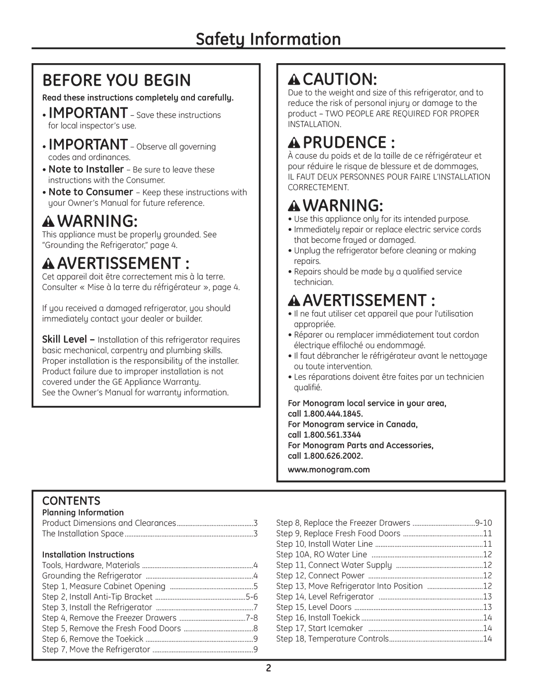 GE Monogram Drawer Freezer Refrigerator installation instructions Before YOU Begin, Contents 