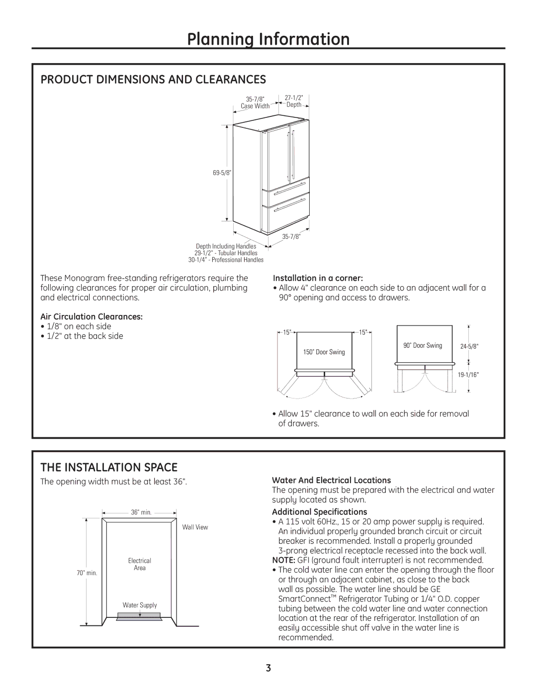 GE Monogram Drawer Freezer Refrigerator installation instructions Product Dimensions and Clearances, Installation Space 