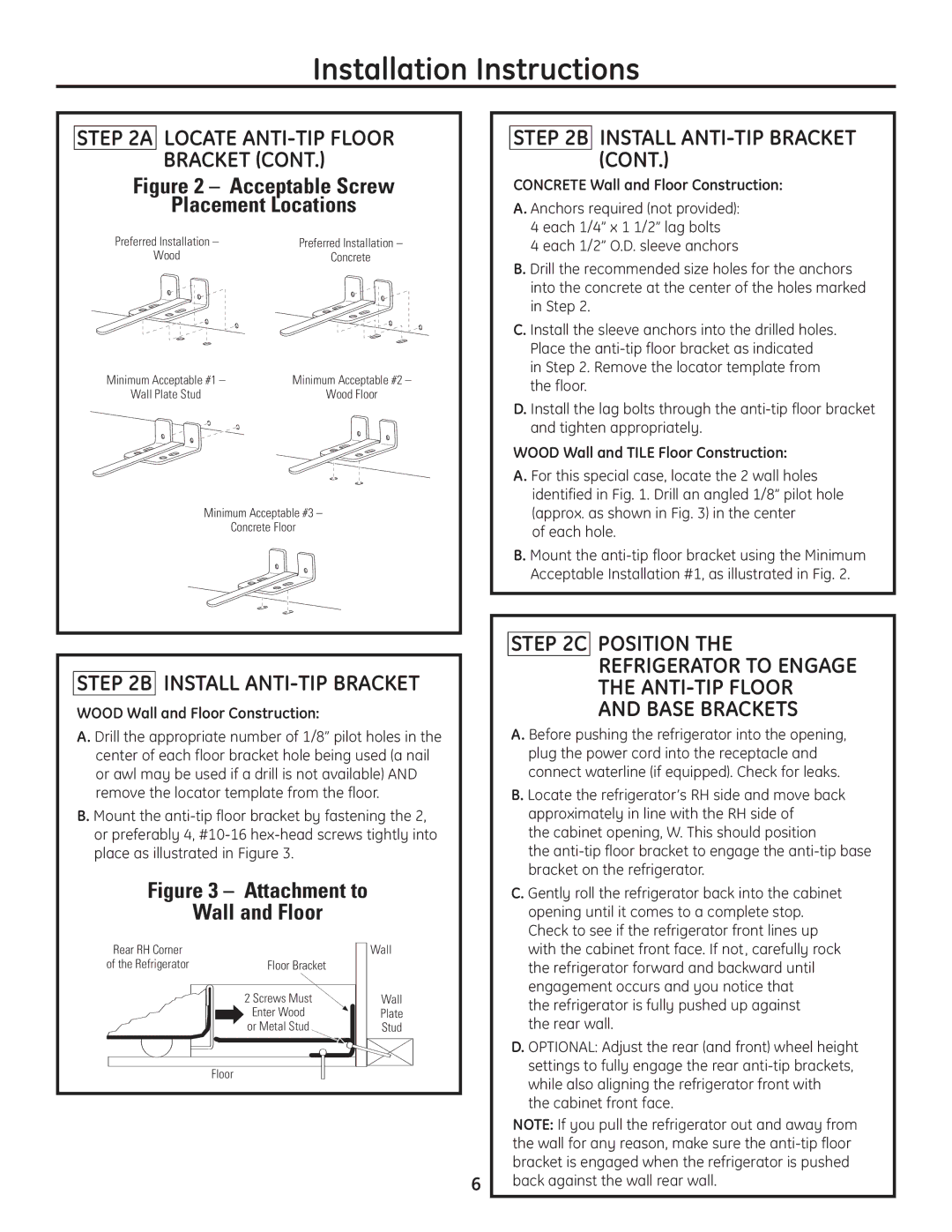 GE Monogram Drawer Freezer Refrigerator Install ANTI-TIP Bracket, Wood Wall and Floor Construction 