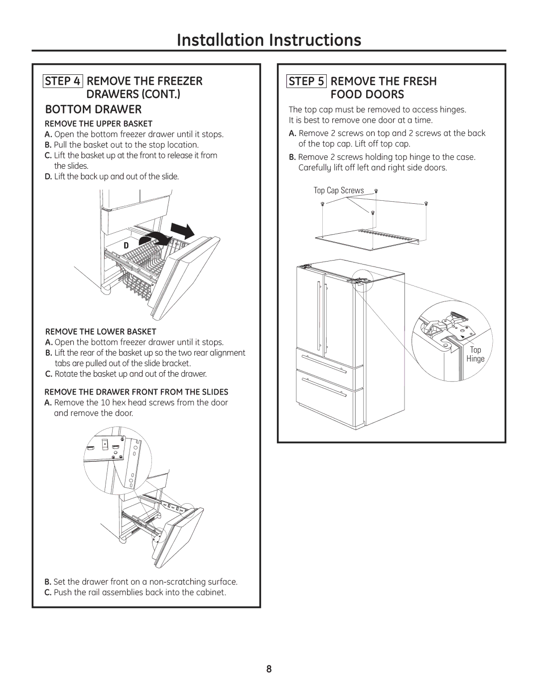 GE Monogram Drawer Freezer Refrigerator installation instructions Bottom Drawer, Remove the Fresh Food Doors 