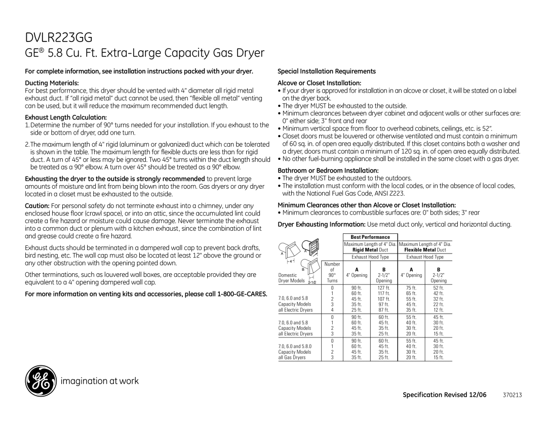 GE Monogram DVLR223GG installation instructions Exhaust Length Calculation, Bathroom or Bedroom Installation 