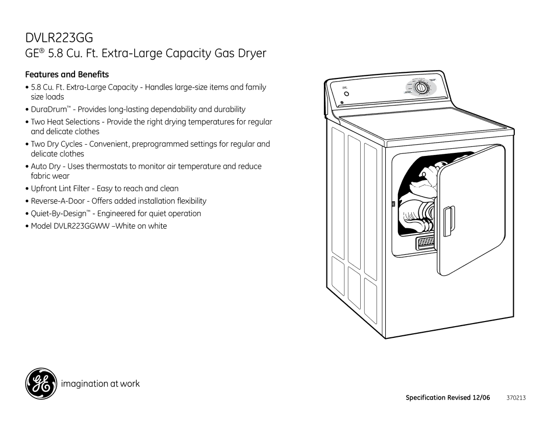 GE Monogram DVLR223GG installation instructions GE 5.8 Cu. Ft. Extra-Large Capacity Gas Dryer 