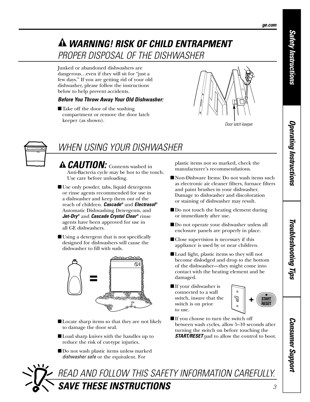 GE Monogram GHDA650 Warning! Risk Of Child Entrapment, Proper Disposal Of The Dishwasher, When Using Your Dishwasher 