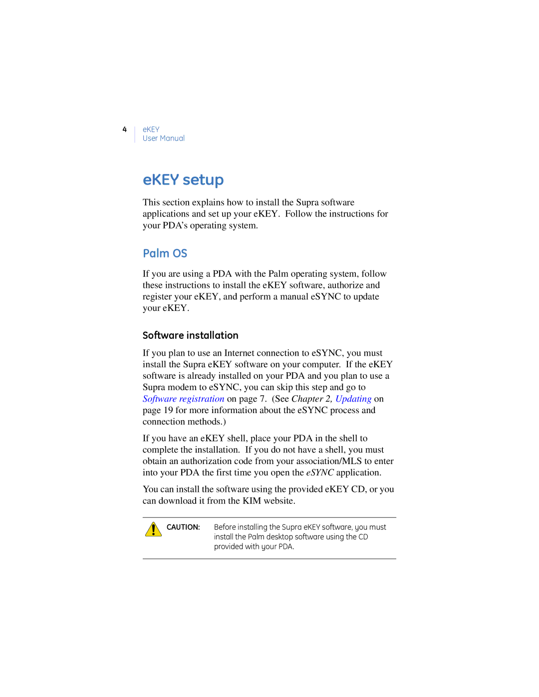 GE Monogram eKEY manual EKEY setup, Palm OS, Software installation 