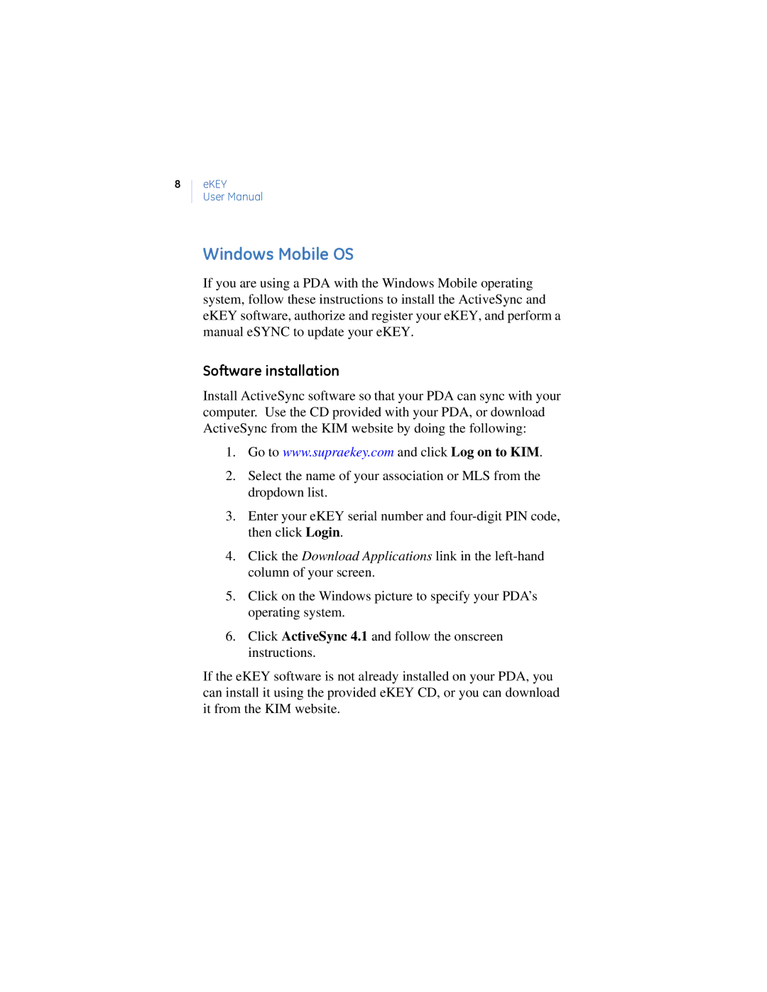 GE Monogram eKEY manual Windows Mobile OS, Software installation 