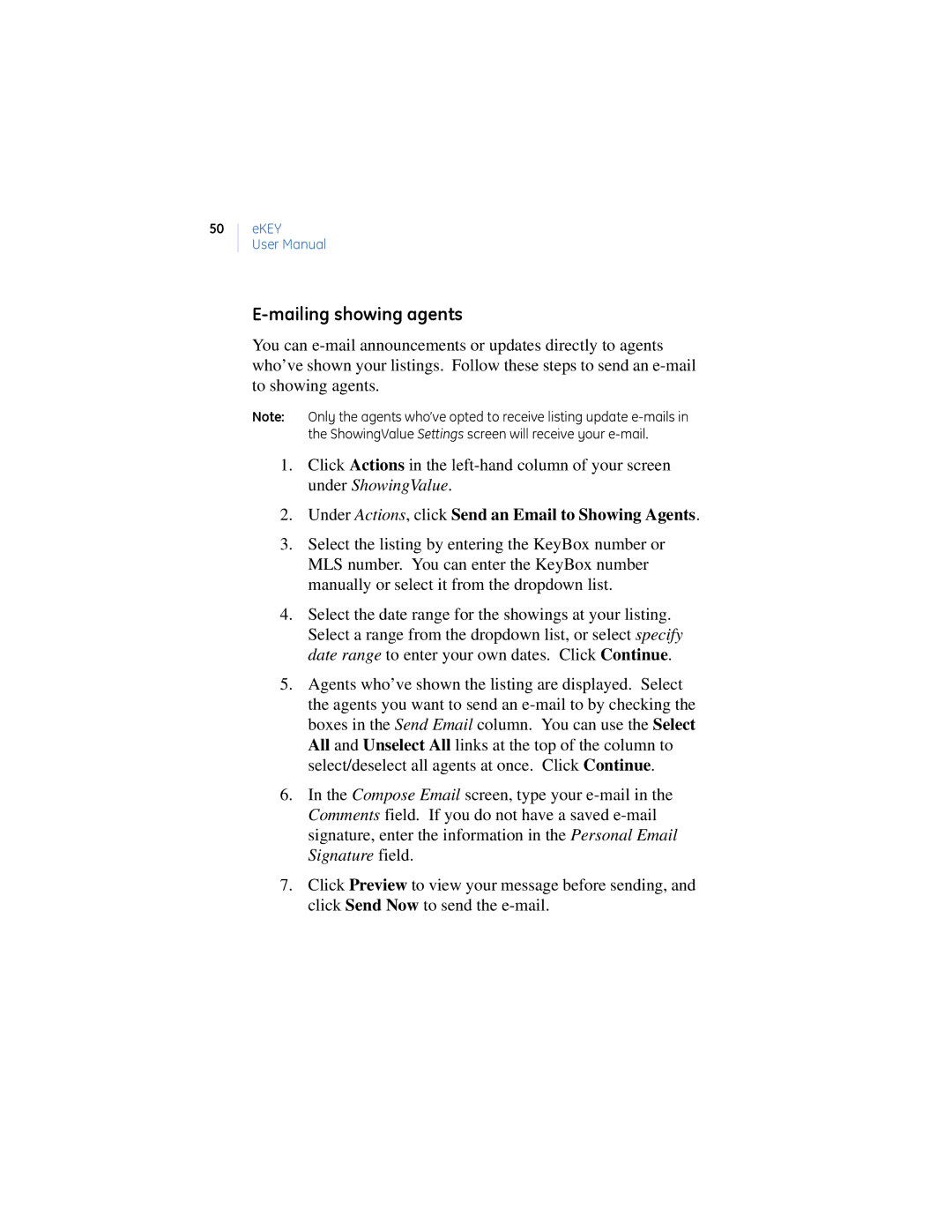 GE Monogram eKEY manual Mailing showing agents, Under Actions, click Send an Email to Showing Agents 