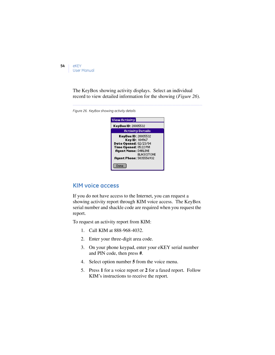 GE Monogram eKEY manual KIM voice access, KeyBox showing activity details 