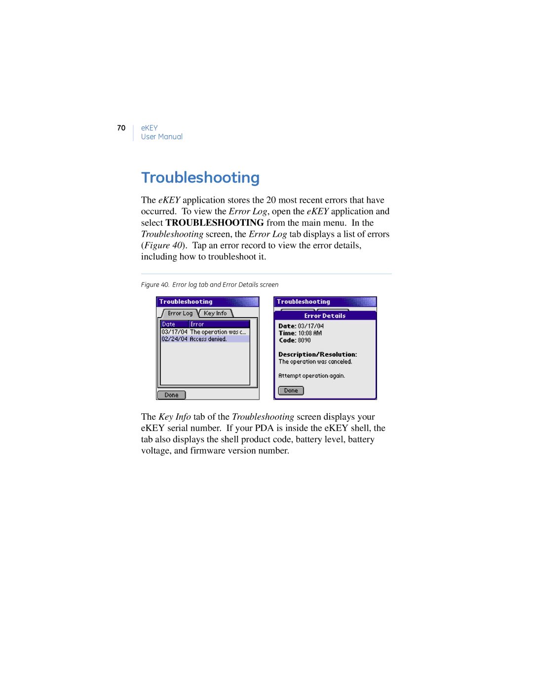 GE Monogram eKEY manual Troubleshooting, Error log tab and Error Details screen 