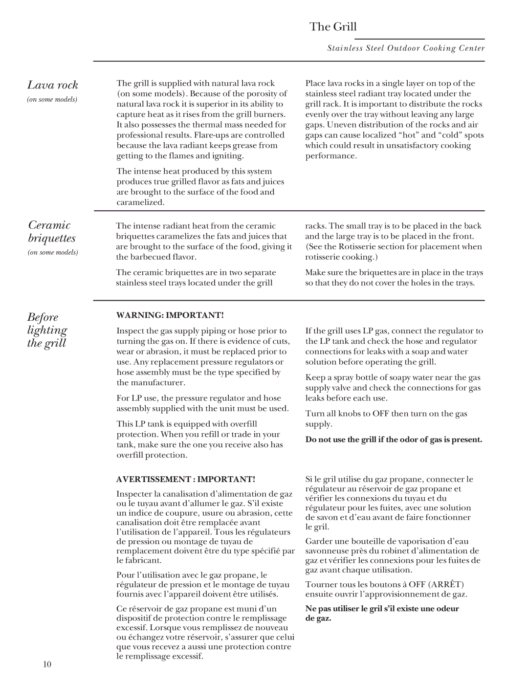 GE Monogram Gas Grill manual Lava rock, Ceramic briquettes, Before lighting the grill 