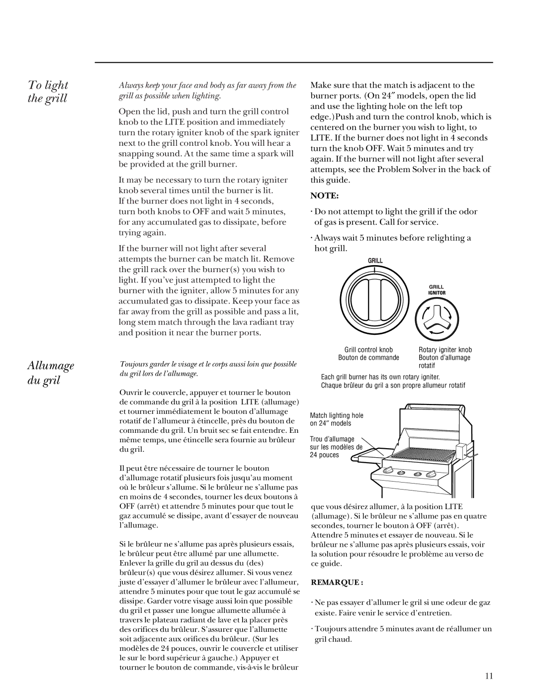 GE Monogram Gas Grill manual To light the grill Allumage du gril, Remarque 