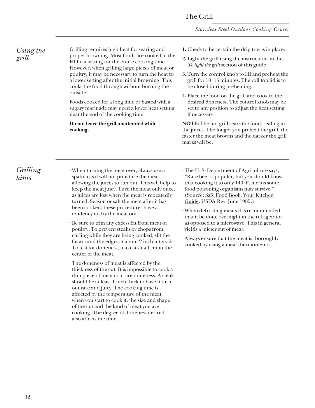 GE Monogram Gas Grill manual Using the grill, Grilling hints 