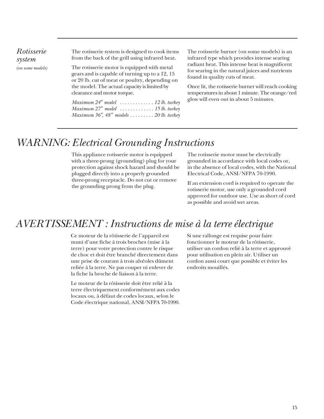 GE Monogram Gas Grill manual Rotisserie system, Maximum ″, 48 ″ models 