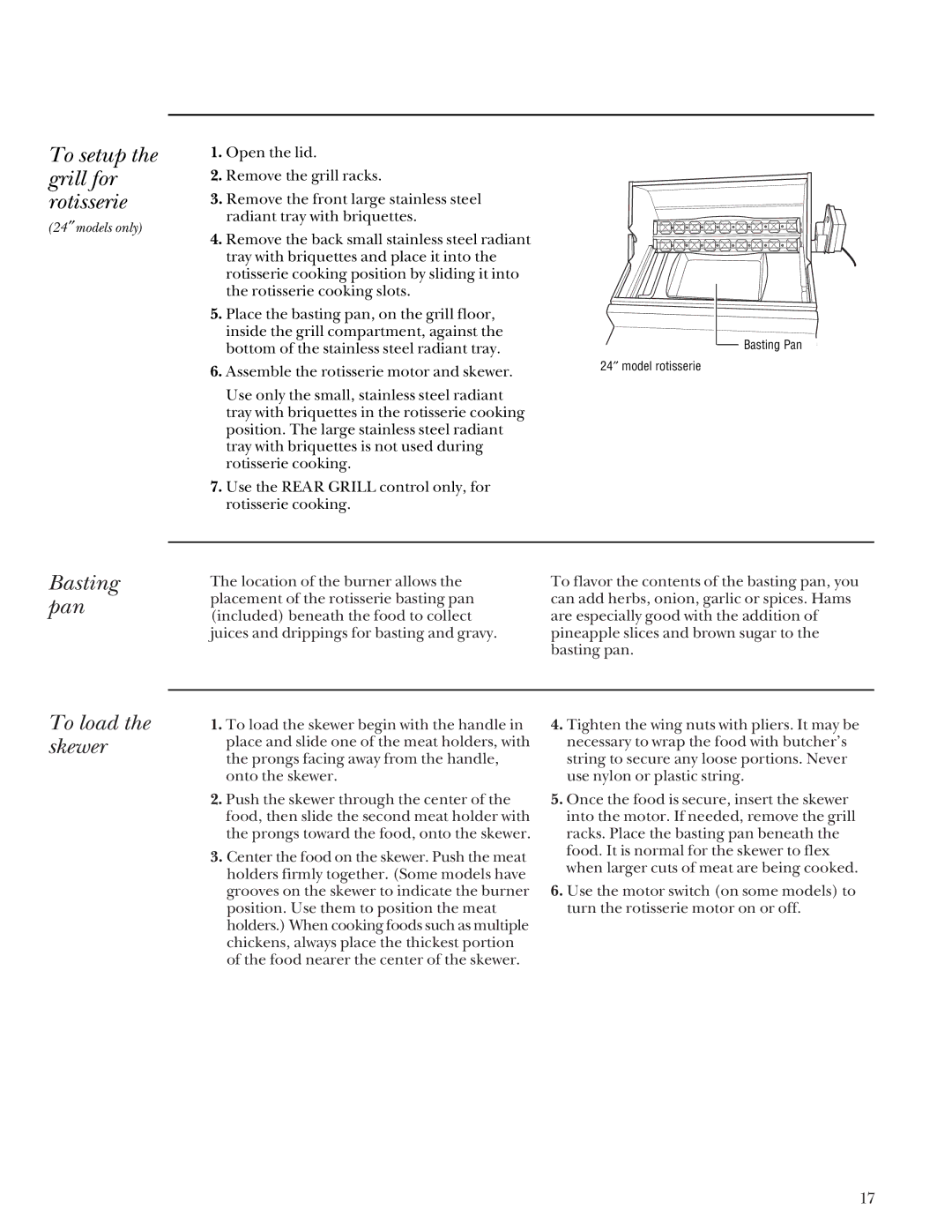 GE Monogram Gas Grill manual To setup the grill for rotisserie, Basting pan, To load the skewer 