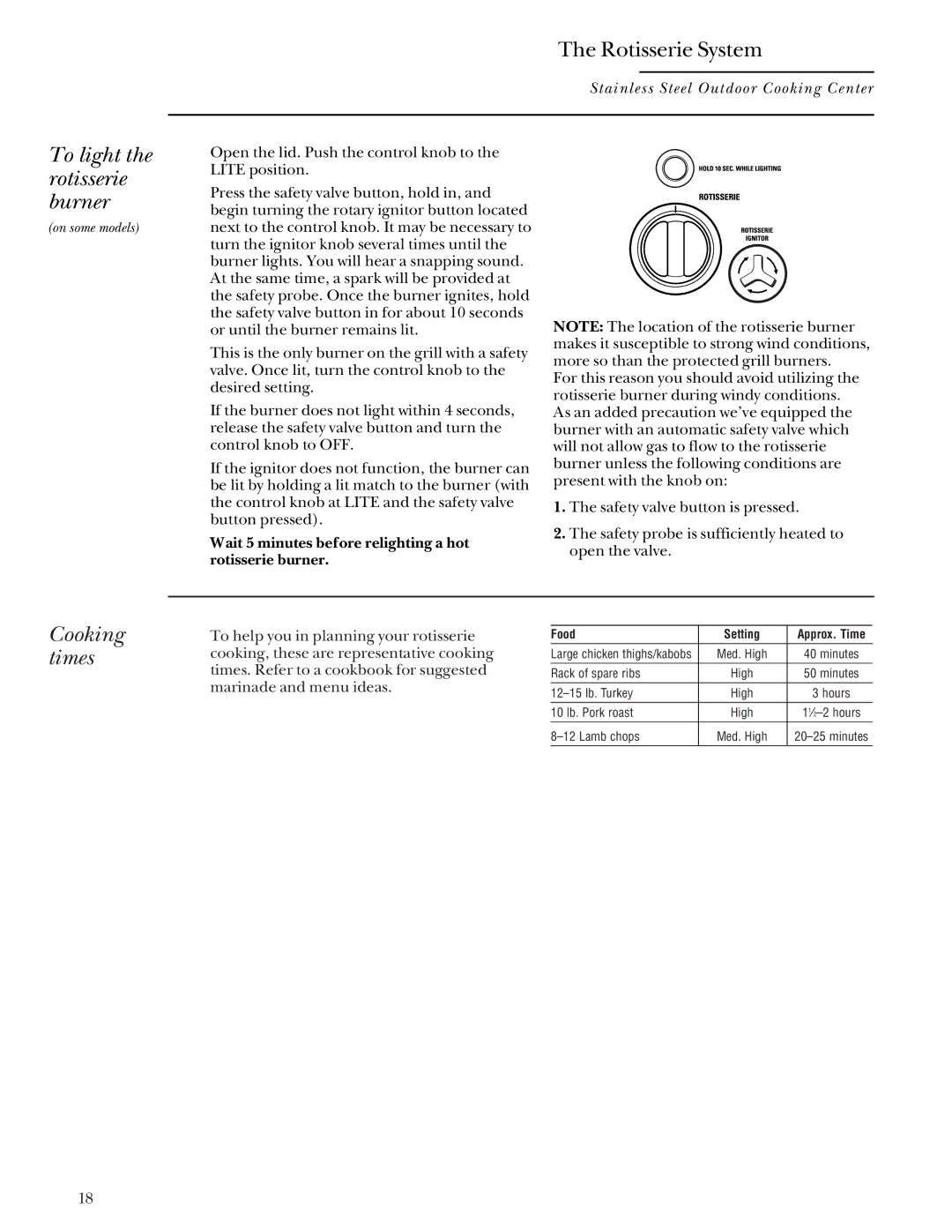 GE Monogram Gas Grill manual To light the rotisserie burner, Cooking times 