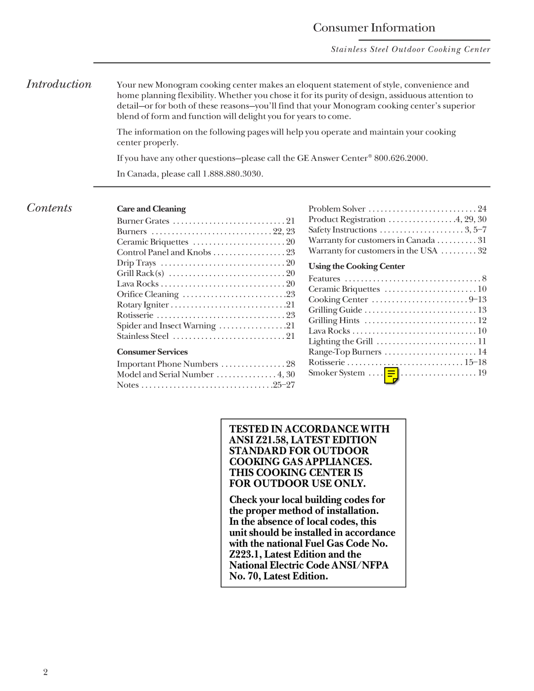 GE Monogram Gas Grill manual Introduction, Contents 