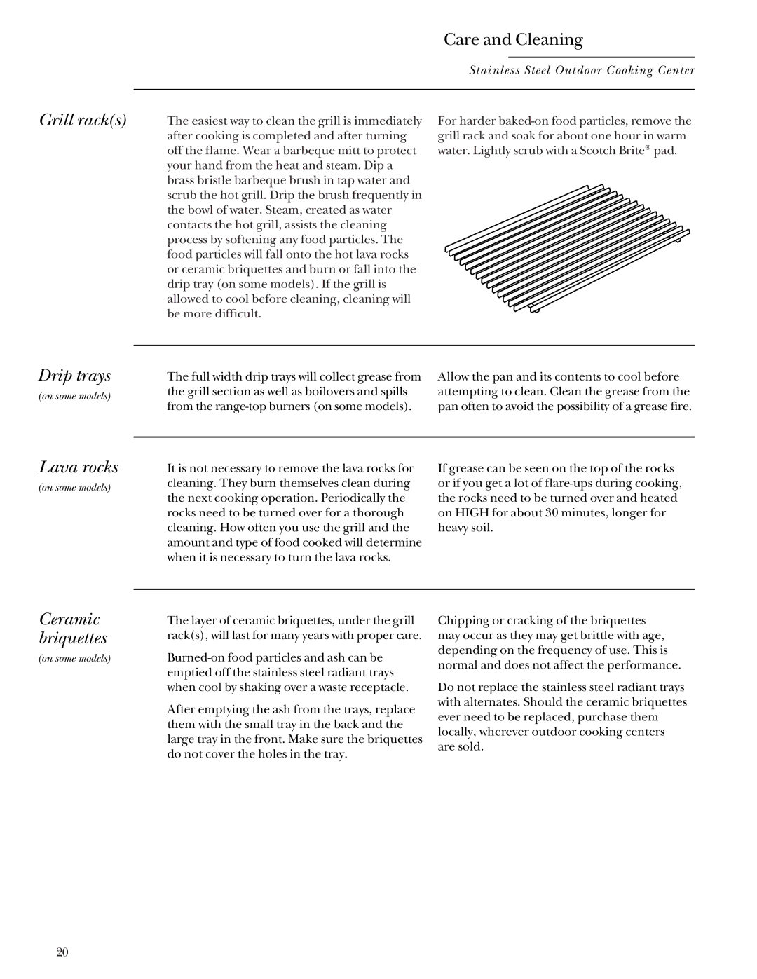 GE Monogram Gas Grill manual Grill racks, Drip trays, Lava rocks 