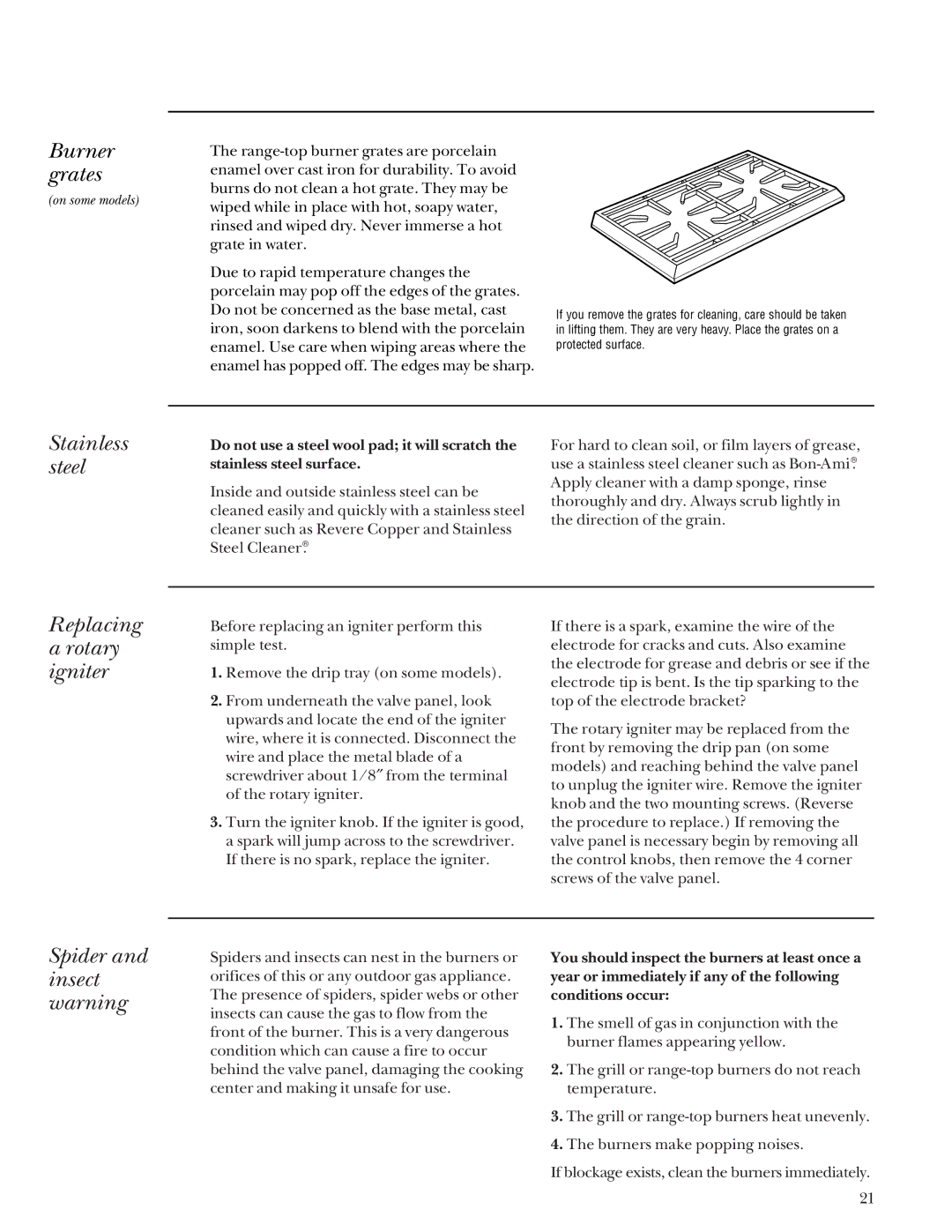 GE Monogram Gas Grill manual Burner grates, Stainless steel, Replacing Rotary igniter, Spider and insect warning 