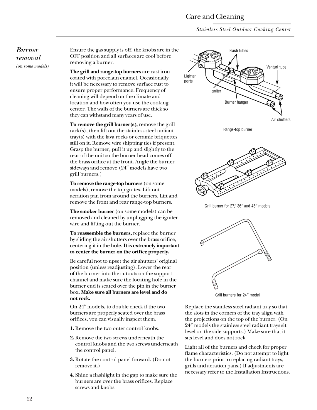 GE Monogram Gas Grill manual Burner removal 