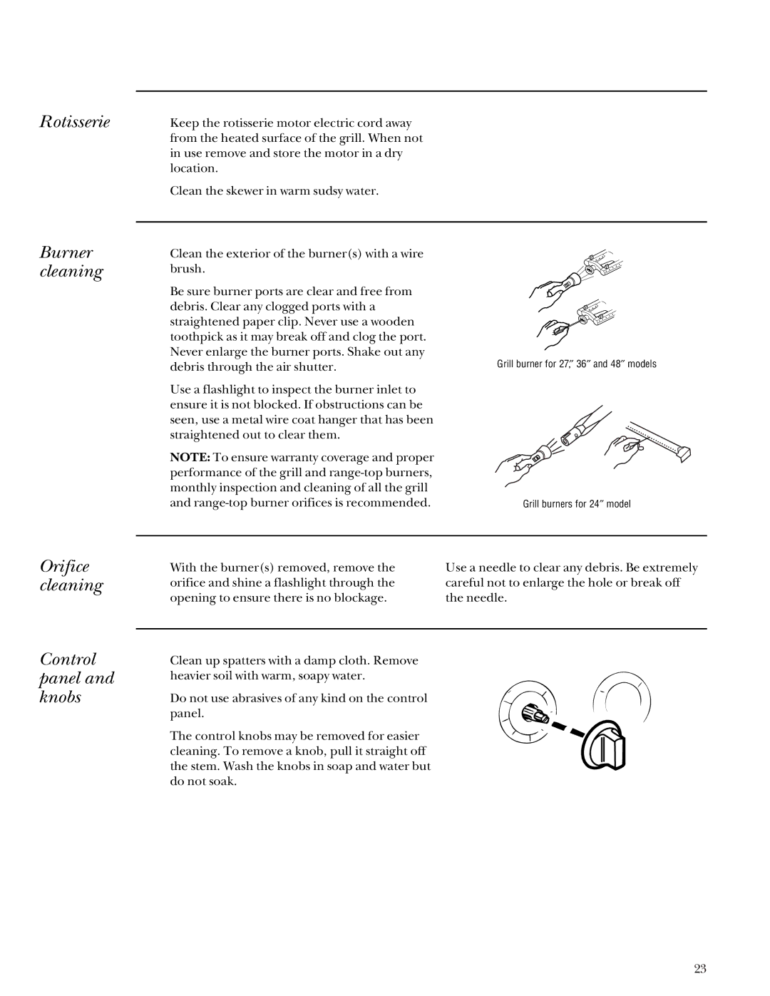 GE Monogram Gas Grill manual Rotisserie, Burner cleaning, Orifice cleaning Control panel and knobs 