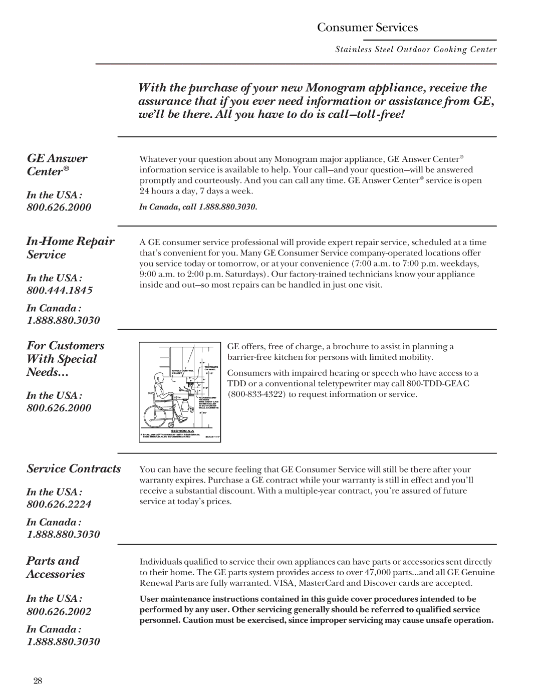 GE Monogram Gas Grill manual GE Answer Center, In-Home Repair Service, For Customers With Special Needs…, Service Contracts 