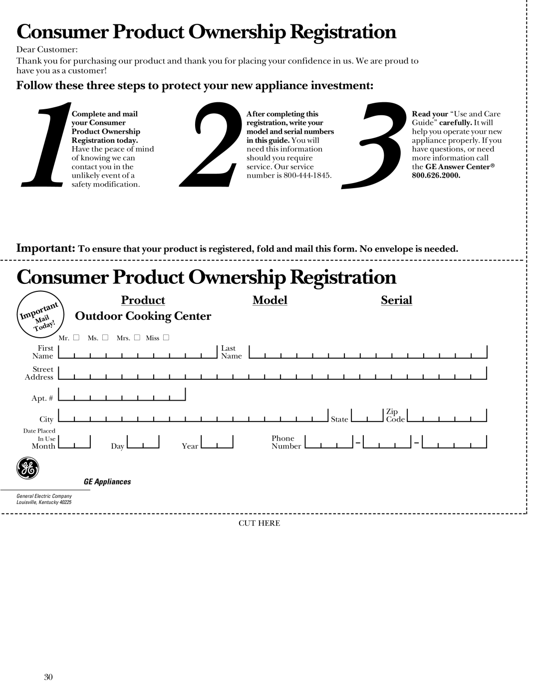 GE Monogram Gas Grill manual Consumer Product Ownership Registration 