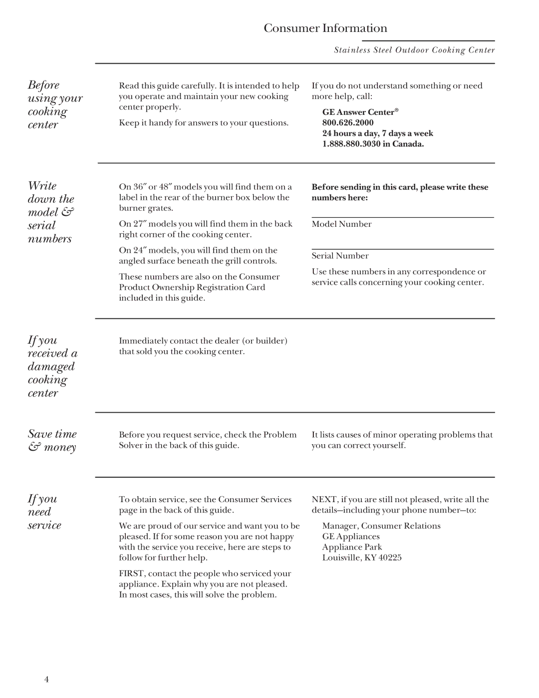 GE Monogram Gas Grill manual If you need service 