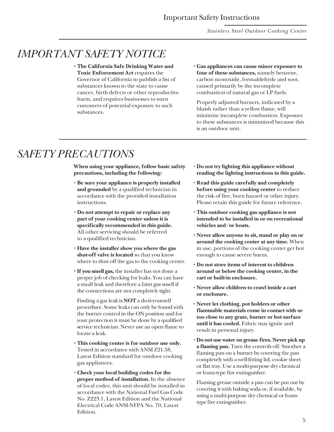 GE Monogram Gas Grill manual Important Safety Notice 