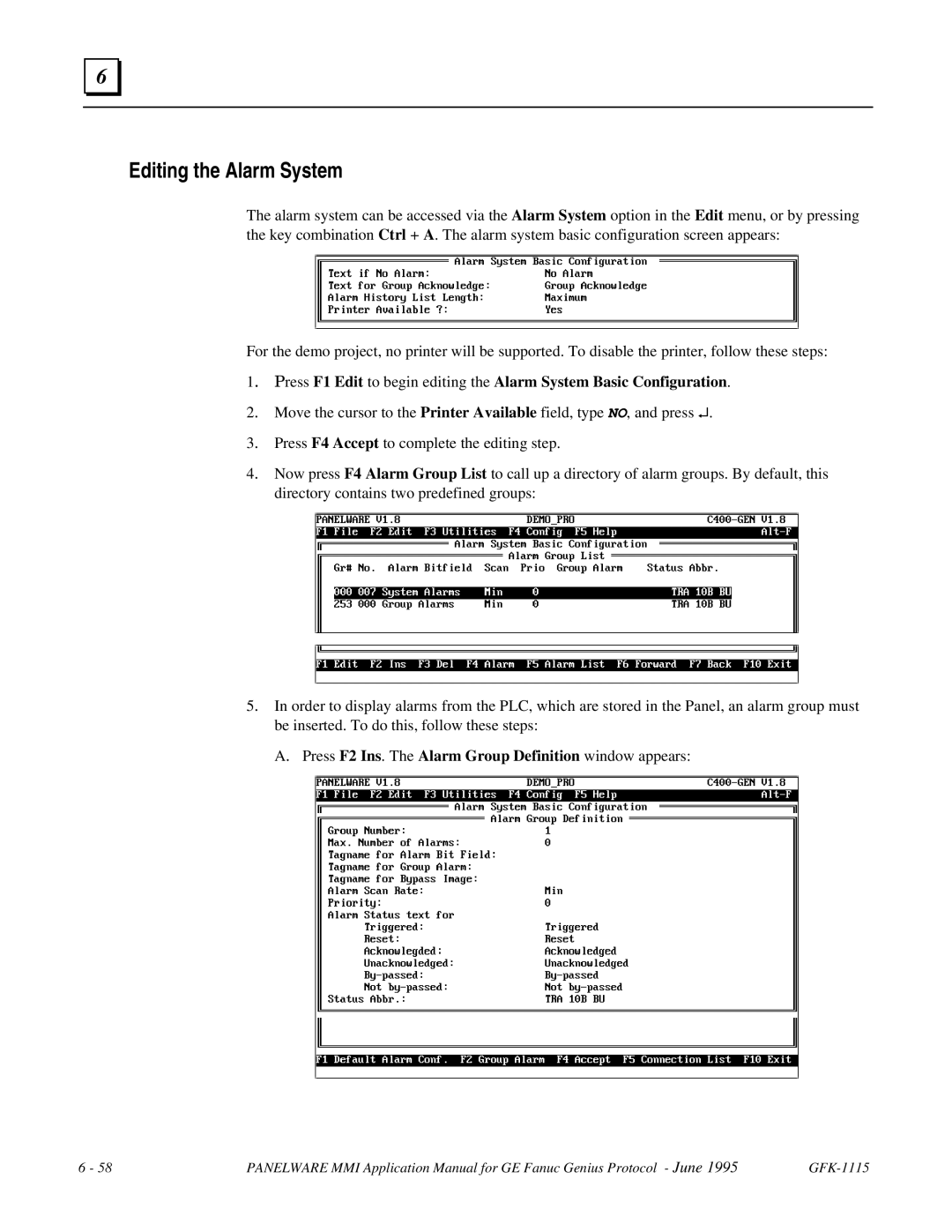 GE Monogram GFK-1115 manual Editing the Alarm System, Press F2 Ins. The Alarm Group Definition window appears 