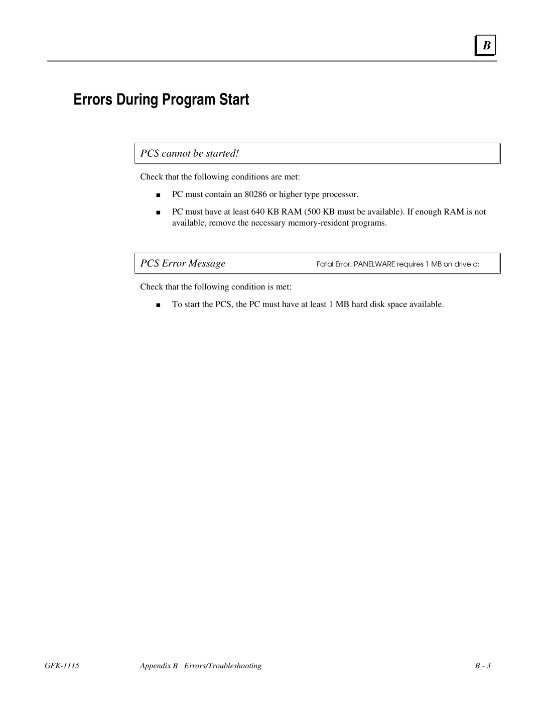 GE Monogram GFK-1115 manual Errors During Program Start, PCS cannot be started 