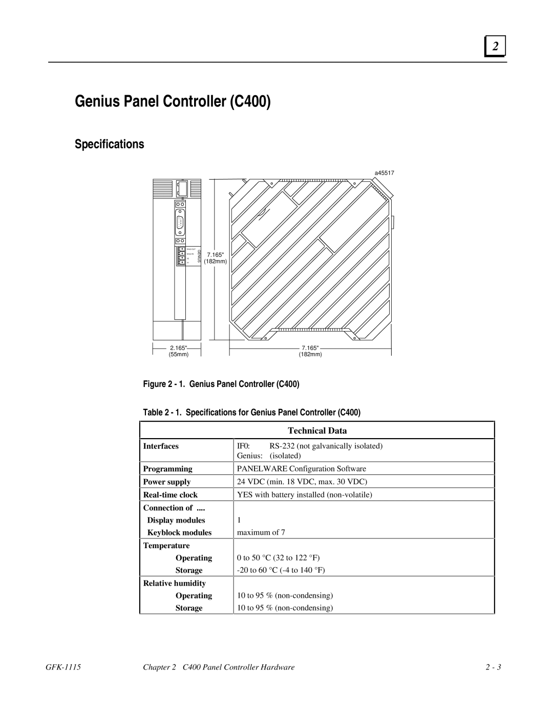 GE Monogram GFK-1115 manual Genius Panel Controller C400, Specifications, Technical Data 