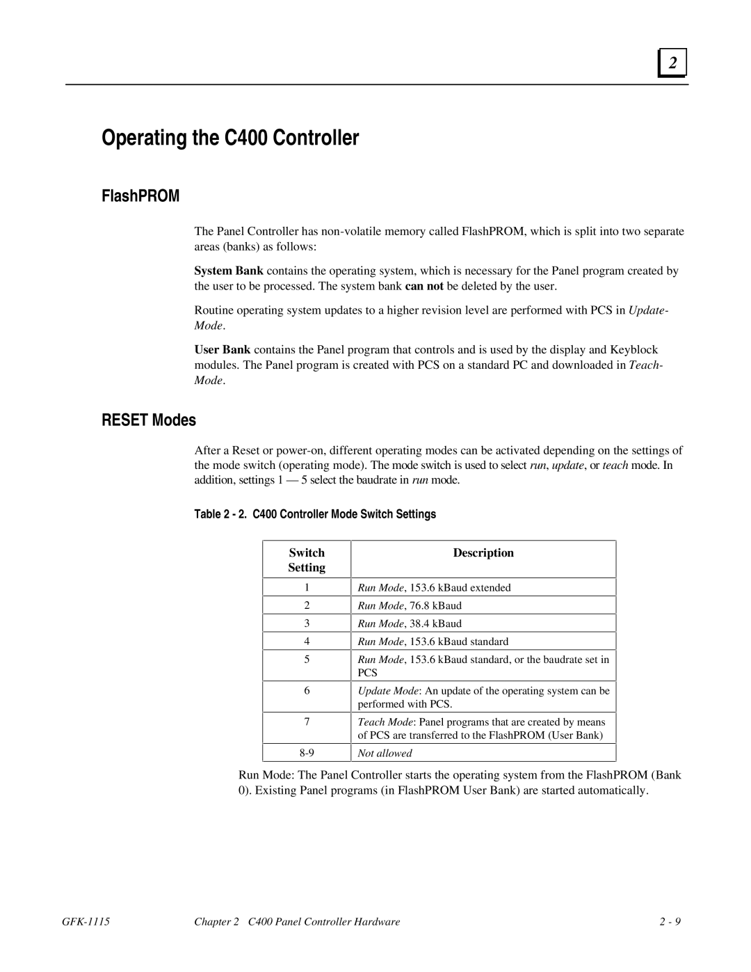 GE Monogram GFK-1115 manual Operating the C400 Controller, FlashPROM, Reset Modes, C400 Controller Mode Switch Settings 